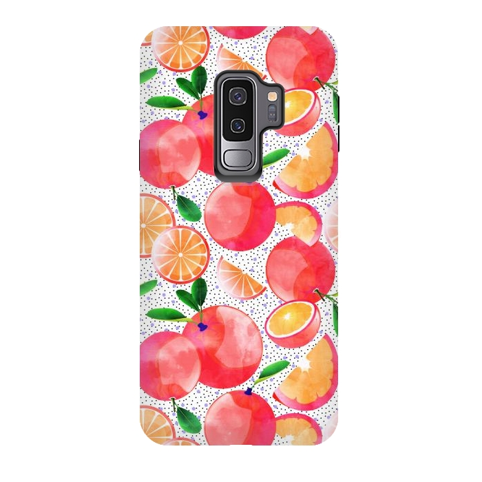 Galaxy S9 plus StrongFit Citrus Tropical | Juicy Fruits Polka Dots | Food Orange Grapefruit Pink Watercolor Botanica by Uma Prabhakar Gokhale
