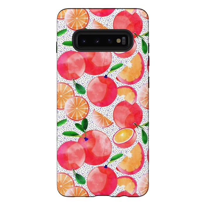 Galaxy S10 plus StrongFit Citrus Tropical | Juicy Fruits Polka Dots | Food Orange Grapefruit Pink Watercolor Botanica by Uma Prabhakar Gokhale