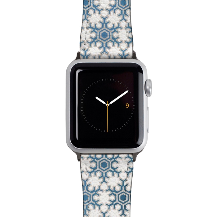Watch 42mm / 44mm Strap PU leather Blue silver snowflakes christmas pattern by Oana 