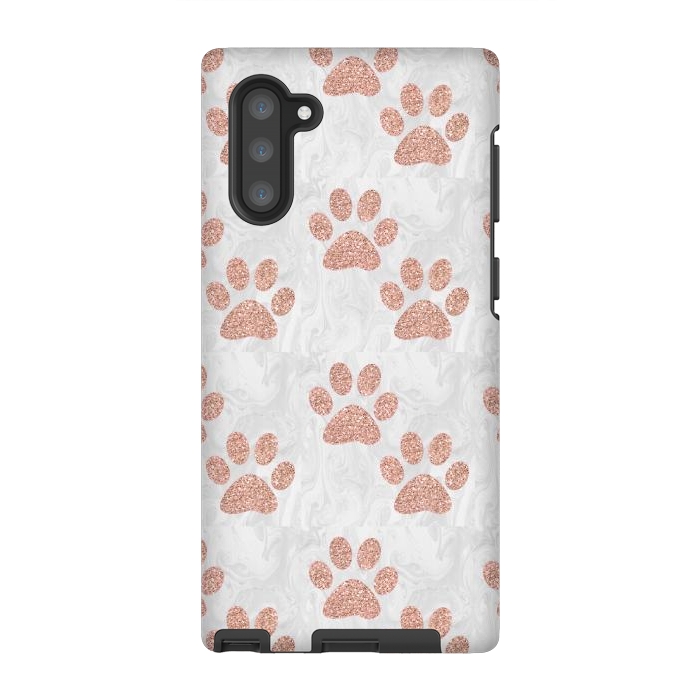 Galaxy Note 10 StrongFit Rose Gold Paw Prints on Marble by Julie Erin Designs