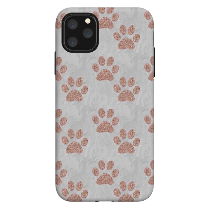 iPhone 11 Pro Max StrongFit Rose Gold Paw Prints on Marble by Julie Erin Designs