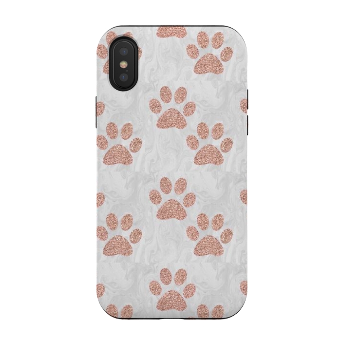 iPhone Xs / X StrongFit Rose Gold Paw Prints on Marble by Julie Erin Designs