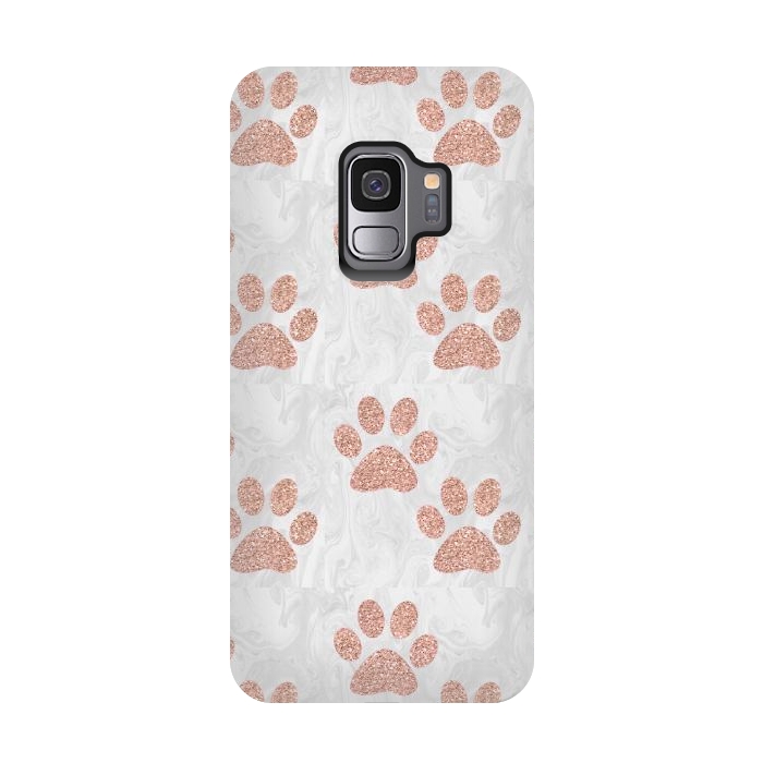 Galaxy S9 StrongFit Rose Gold Paw Prints on Marble by Julie Erin Designs