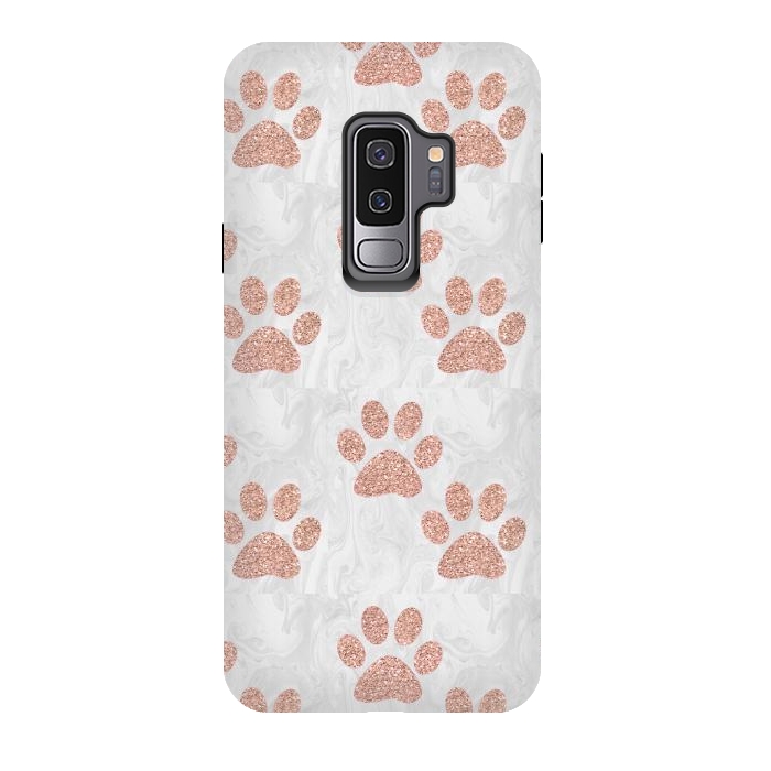 Galaxy S9 plus StrongFit Rose Gold Paw Prints on Marble by Julie Erin Designs