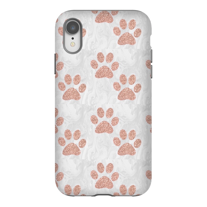 iPhone Xr StrongFit Rose Gold Paw Prints on Marble by Julie Erin Designs