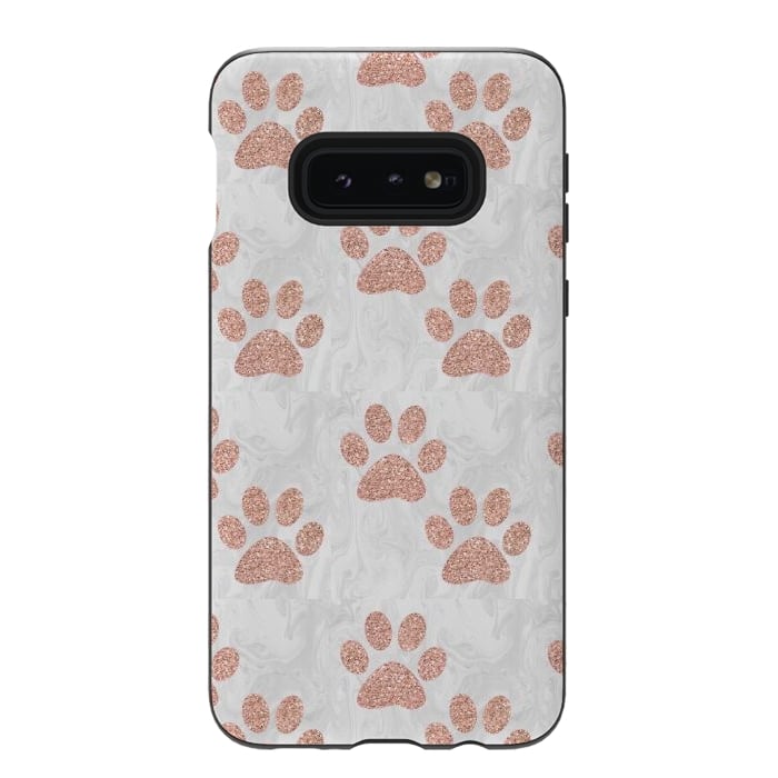 Galaxy S10e StrongFit Rose Gold Paw Prints on Marble by Julie Erin Designs