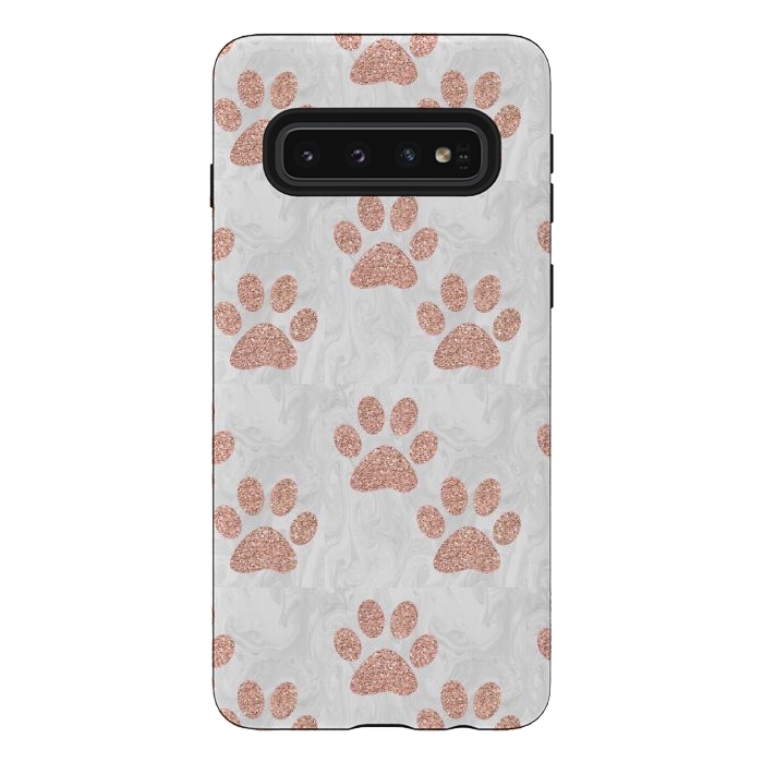 Galaxy S10 StrongFit Rose Gold Paw Prints on Marble by Julie Erin Designs