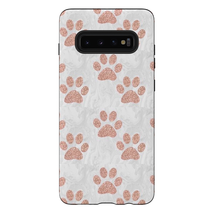 Galaxy S10 plus StrongFit Rose Gold Paw Prints on Marble by Julie Erin Designs