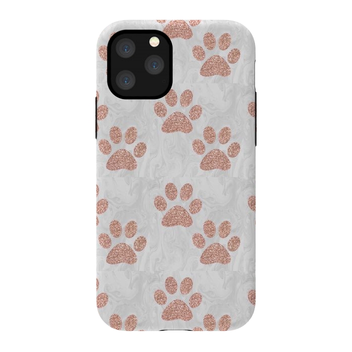 iPhone 11 Pro StrongFit Rose Gold Paw Prints on Marble by Julie Erin Designs