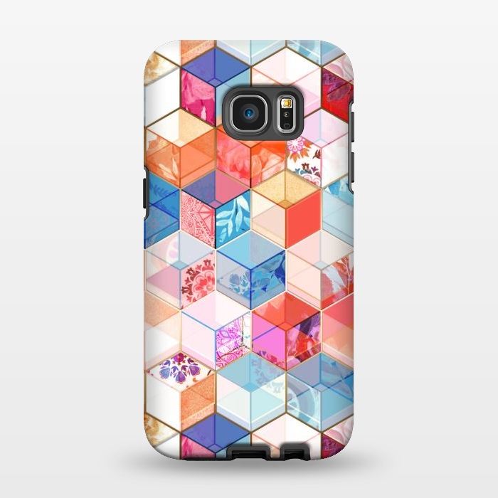 Galaxy S7 EDGE StrongFit Coral, Cream and Cobalt Kaleidoscope Cubes by Micklyn Le Feuvre