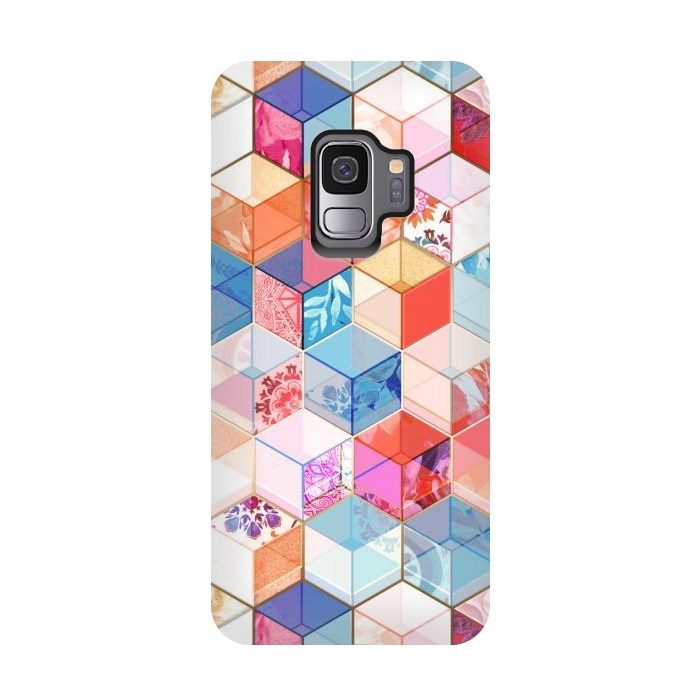 Galaxy S9 StrongFit Coral, Cream and Cobalt Kaleidoscope Cubes by Micklyn Le Feuvre