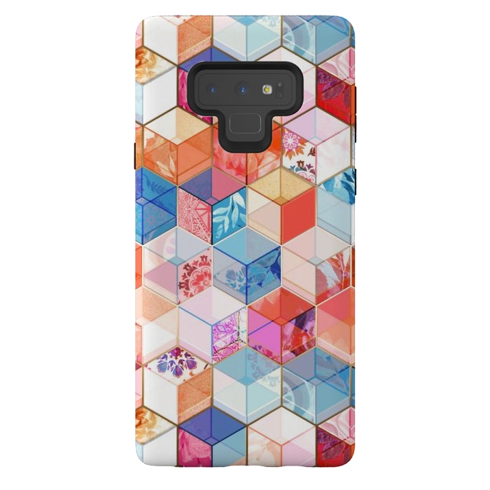 Galaxy Note 9 StrongFit Coral, Cream and Cobalt Kaleidoscope Cubes by Micklyn Le Feuvre