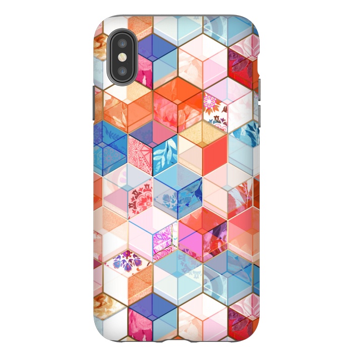 iPhone Xs Max StrongFit Coral, Cream and Cobalt Kaleidoscope Cubes by Micklyn Le Feuvre