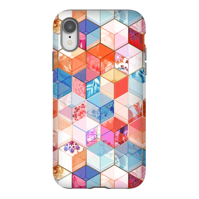 iPhone Xr StrongFit Coral, Cream and Cobalt Kaleidoscope Cubes by Micklyn Le Feuvre