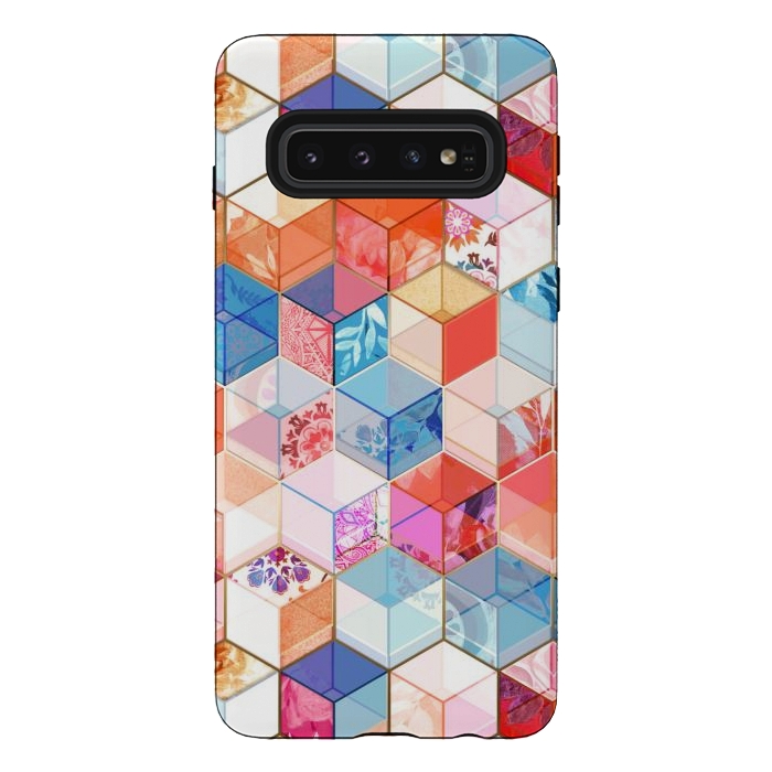 Galaxy S10 StrongFit Coral, Cream and Cobalt Kaleidoscope Cubes by Micklyn Le Feuvre