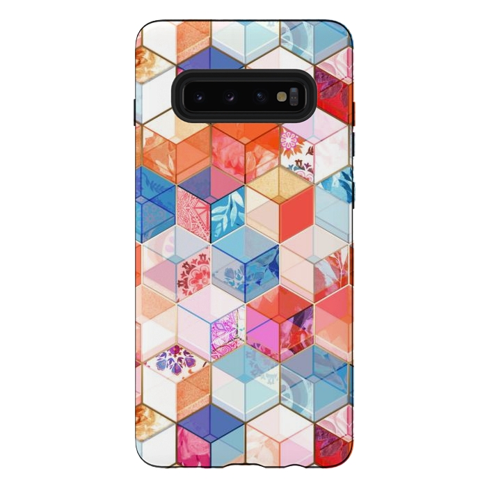 Galaxy S10 plus StrongFit Coral, Cream and Cobalt Kaleidoscope Cubes by Micklyn Le Feuvre