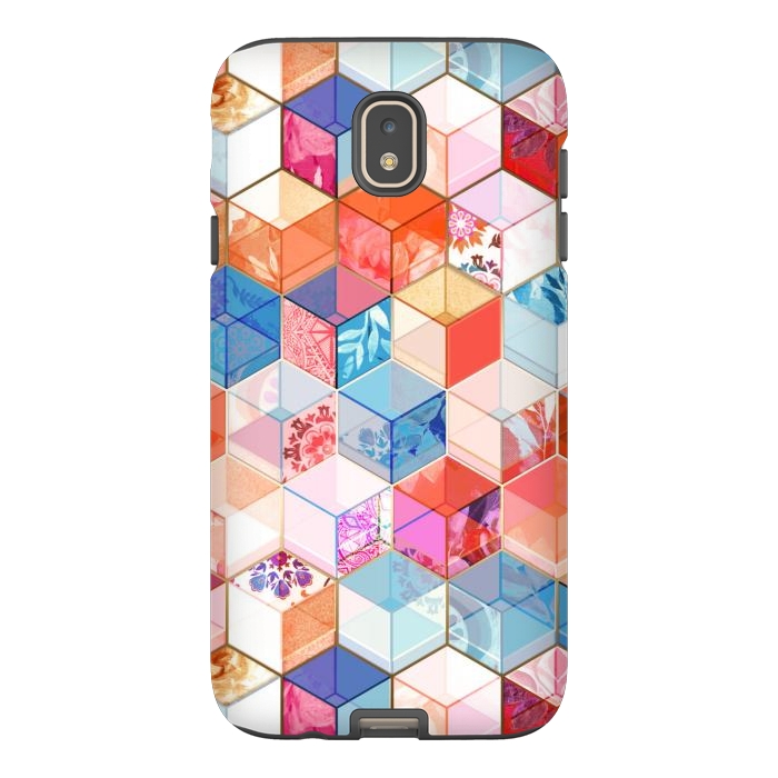 Galaxy J7 StrongFit Coral, Cream and Cobalt Kaleidoscope Cubes by Micklyn Le Feuvre