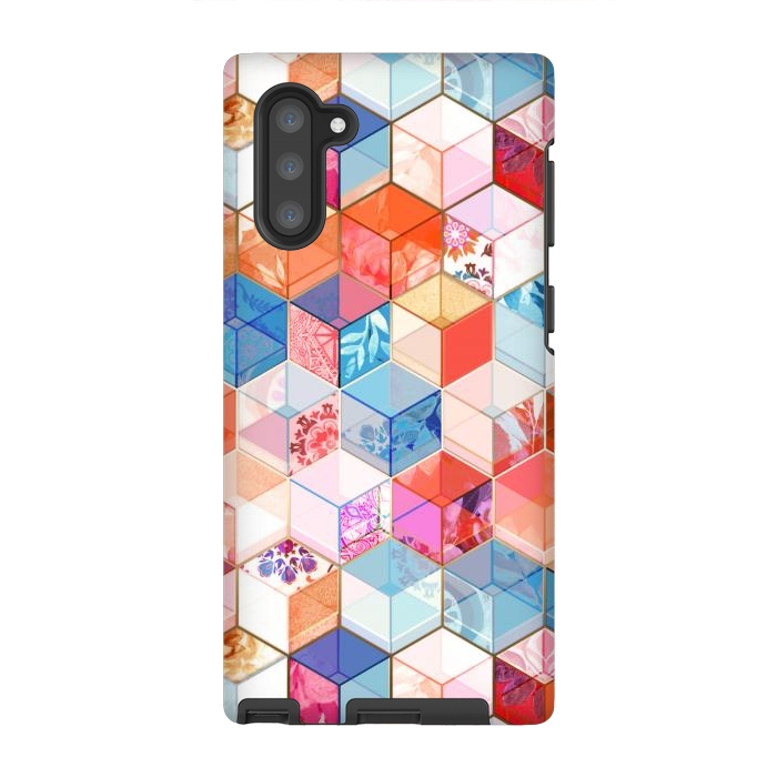 Galaxy Note 10 StrongFit Coral, Cream and Cobalt Kaleidoscope Cubes by Micklyn Le Feuvre