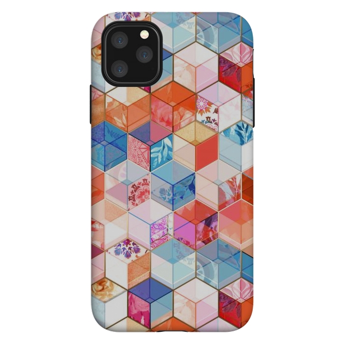 iPhone 11 Pro Max StrongFit Coral, Cream and Cobalt Kaleidoscope Cubes by Micklyn Le Feuvre