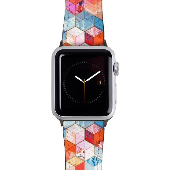 Watch 38mm / 40mm Strap PU leather Coral, Cream and Cobalt Kaleidoscope Cubes by Micklyn Le Feuvre
