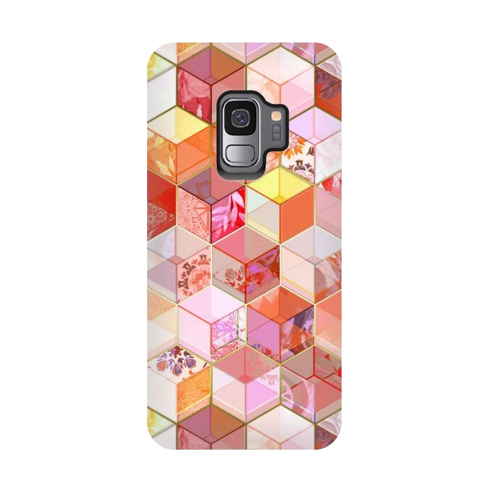 Galaxy S9 StrongFit Gold and Garnet Kaleidoscope Cubes by Micklyn Le Feuvre