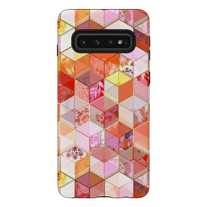 Galaxy S10 StrongFit Gold and Garnet Kaleidoscope Cubes by Micklyn Le Feuvre