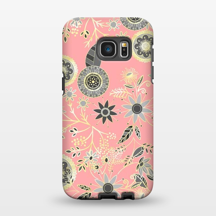 Galaxy S7 EDGE StrongFit Elegant Gray and Pink Folk Floral Golden Design by InovArts
