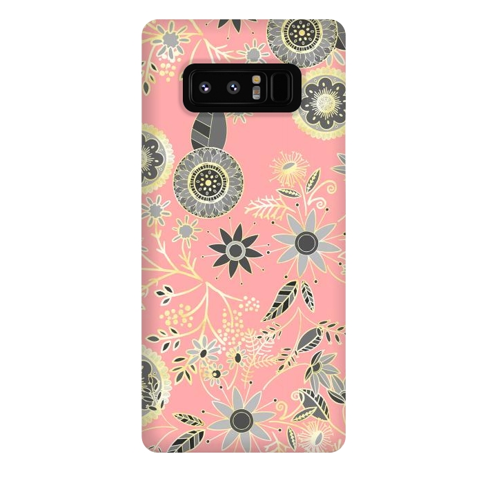 Galaxy Note 8 StrongFit Elegant Gray and Pink Folk Floral Golden Design by InovArts