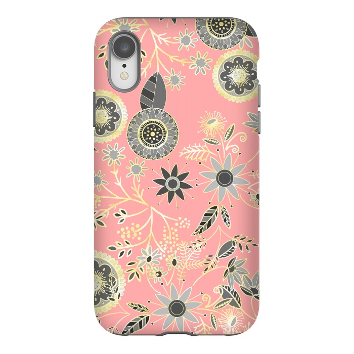 iPhone Xr StrongFit Elegant Gray and Pink Folk Floral Golden Design by InovArts