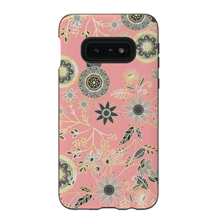Galaxy S10e StrongFit Elegant Gray and Pink Folk Floral Golden Design by InovArts