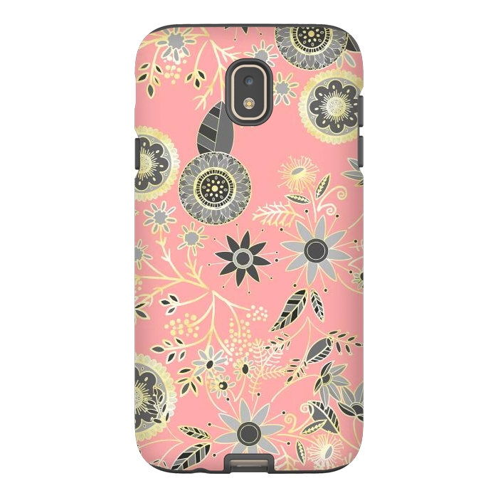 Galaxy J7 StrongFit Elegant Gray and Pink Folk Floral Golden Design by InovArts