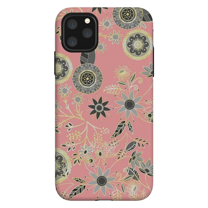 iPhone 11 Pro Max StrongFit Elegant Gray and Pink Folk Floral Golden Design by InovArts