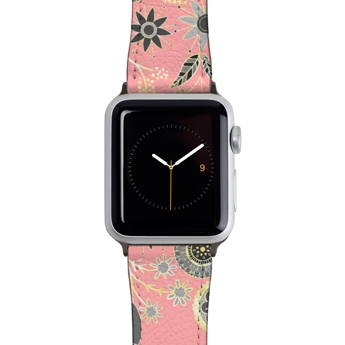 Watch 42mm / 44mm Strap PU leather Elegant Gray and Pink Folk Floral Golden Design by InovArts