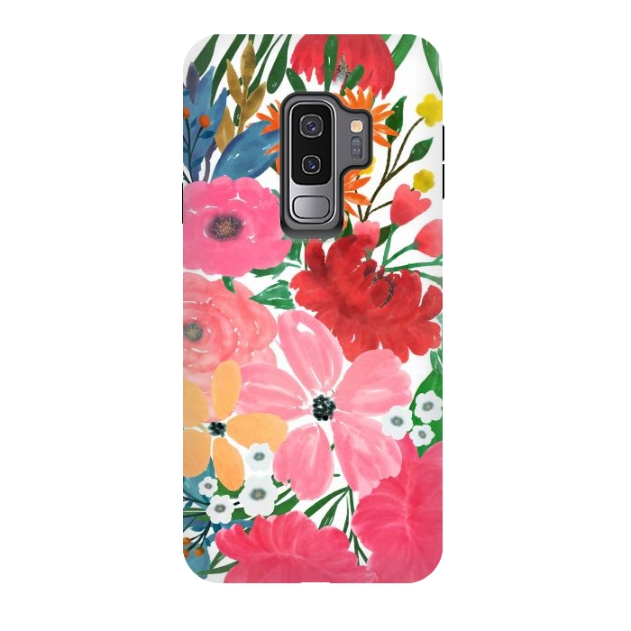 Galaxy S9 plus StrongFit Trendy Pink watercolor Floral Bouquet White Design by InovArts