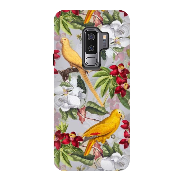 Galaxy S9 plus StrongFit Antique Yellow Parrots in Flower Jungle by  Utart