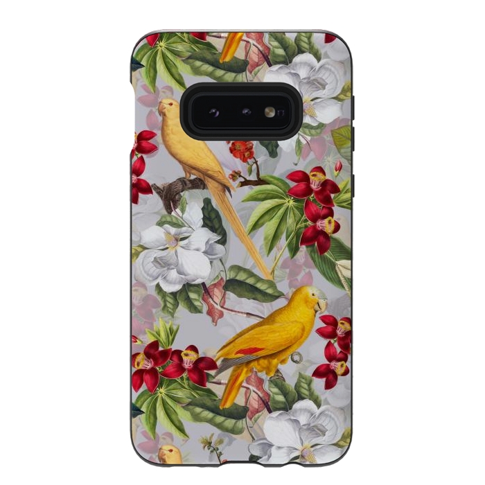 Galaxy S10e StrongFit Antique Yellow Parrots in Flower Jungle by  Utart