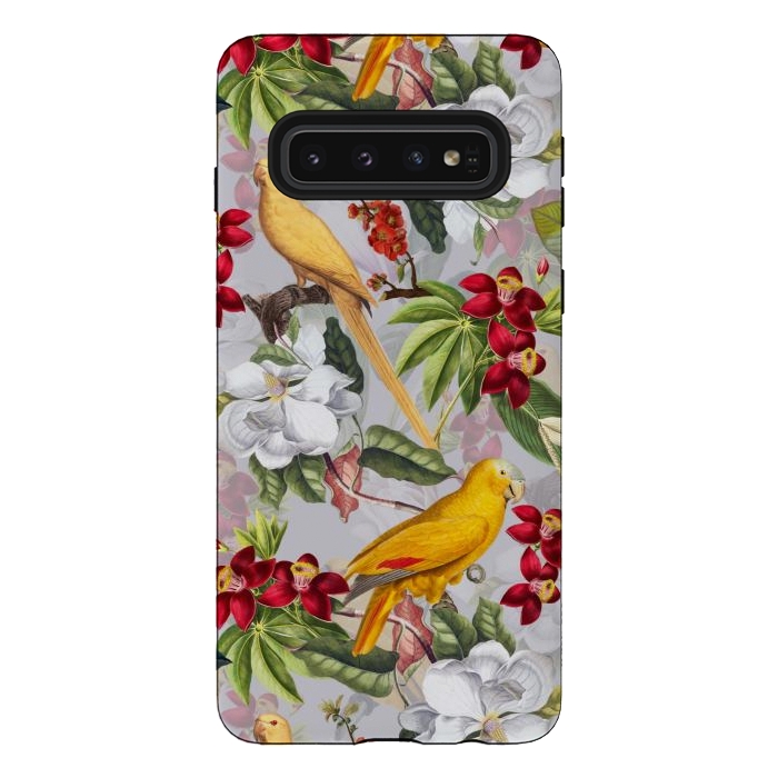 Galaxy S10 StrongFit Antique Yellow Parrots in Flower Jungle by  Utart