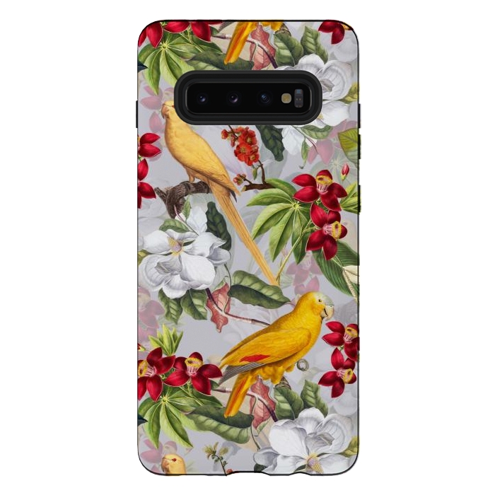 Galaxy S10 plus StrongFit Antique Yellow Parrots in Flower Jungle by  Utart