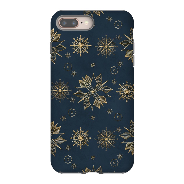 iPhone 7 plus StrongFit Elegant Gold Blue Poinsettias Snowflakes Pattern by InovArts