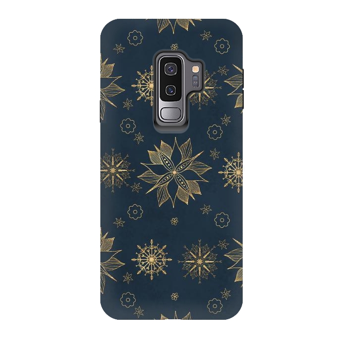 Galaxy S9 plus StrongFit Elegant Gold Blue Poinsettias Snowflakes Pattern by InovArts