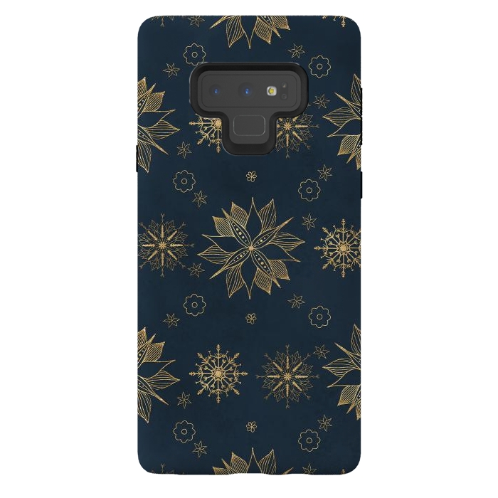 Galaxy Note 9 StrongFit Elegant Gold Blue Poinsettias Snowflakes Pattern by InovArts