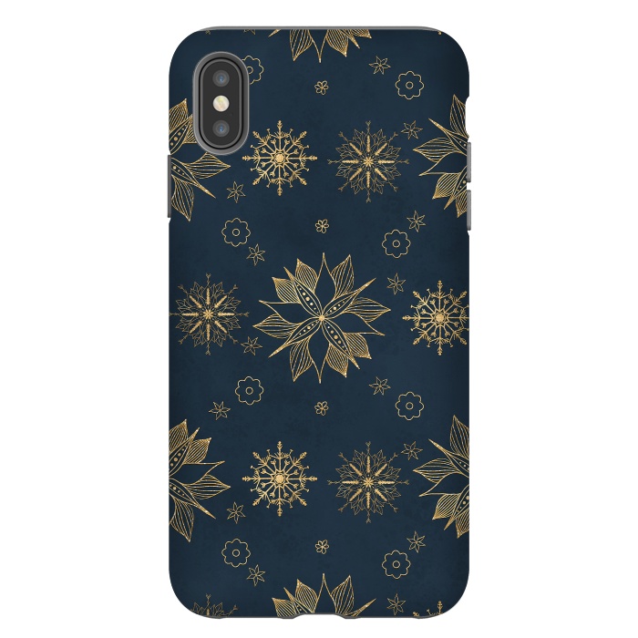 iPhone Xs Max StrongFit Elegant Gold Blue Poinsettias Snowflakes Pattern by InovArts