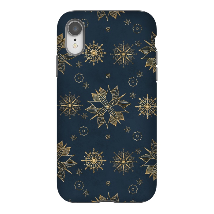 iPhone Xr StrongFit Elegant Gold Blue Poinsettias Snowflakes Pattern by InovArts