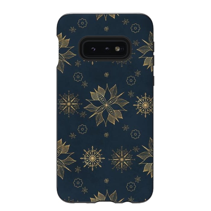 Galaxy S10e StrongFit Elegant Gold Blue Poinsettias Snowflakes Pattern by InovArts