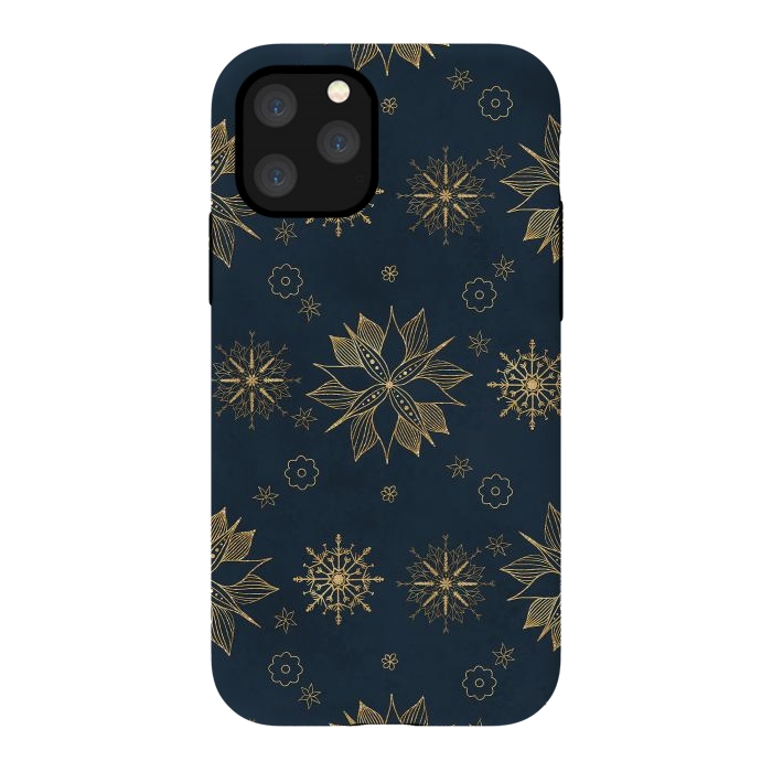 iPhone 11 Pro StrongFit Elegant Gold Blue Poinsettias Snowflakes Pattern by InovArts