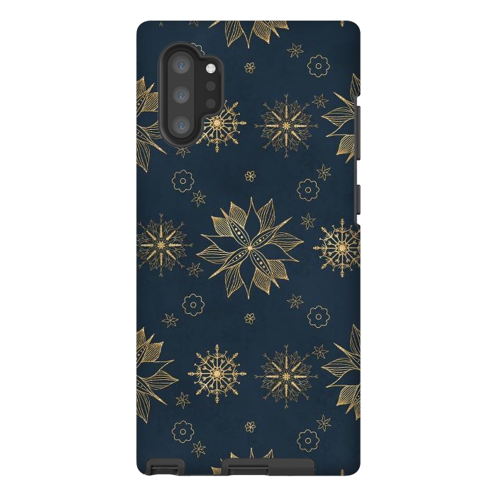 Galaxy Note 10 plus StrongFit Elegant Gold Blue Poinsettias Snowflakes Pattern by InovArts