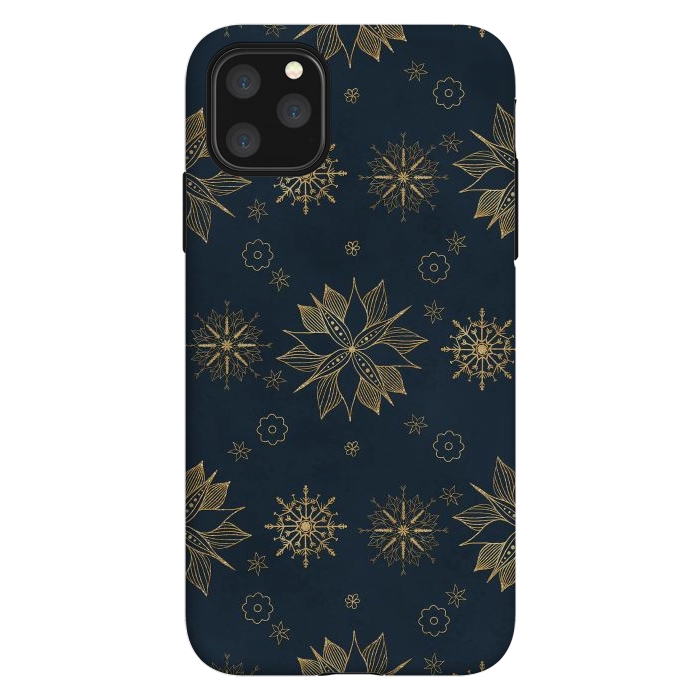 iPhone 11 Pro Max StrongFit Elegant Gold Blue Poinsettias Snowflakes Pattern by InovArts