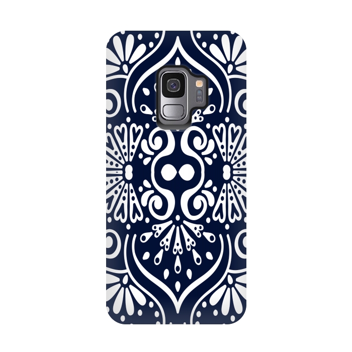 Galaxy S9 StrongFit BLUE WHITE MANDALA PATTERN by MALLIKA