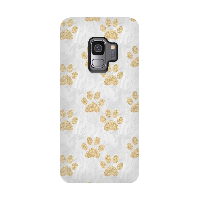 Galaxy S9 StrongFit Gold Paw Prints on Marble by Julie Erin Designs