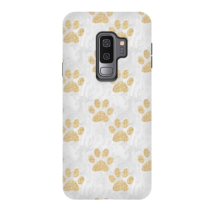 Galaxy S9 plus StrongFit Gold Paw Prints on Marble by Julie Erin Designs